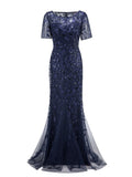 Plus Size Mermaid O Neck Short Sleeve Lace Appliques Tulle Long Party Gown Robe Soiree Sexy Formal Dress