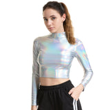 Metallic Liquid Turtleneck Long Sleeve Crop Top for Rave Club Dance Wet Look Short Holographic T-shirt Cropped Top