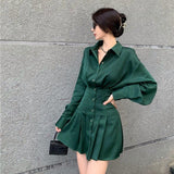 Women Autumn Shirt Elegant Lady High Waist Vintage Pleated Mini Dresses