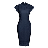 Elegant Lace Dress High Waist Vintage Women Cap Sleeve Bodycon Party Night Pencil Dress