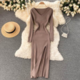 Autumn Winter Midi Dresses For Women Elegant V Neck Long Sleeve Ribbed Knitted Dress With Slit Sexy Bodycon Dress