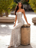 Sexy Strapless Evening Party Dress Women Wrapped Maxi Silver Backless Long Prom Off Shoulder Sequins Luxury Dress