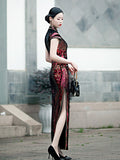 New Sequins Cheongsam Embroidered High-slit China Formal Evening Dress Women Short-Sleeve Long Dress