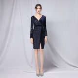 New Silt Women Short Vintage Velvet Sequins Evening Dress Burgundy V-neck Long sleeve Club Dress