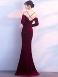 Vintage Velvet Long-sleeve Off-shoulder Gowns Sexy Backless High Split Diamond Formal Dress