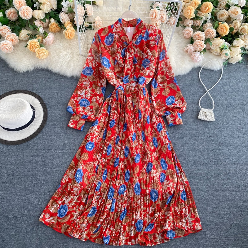 Bow Tie Neck Vintage Floral Midi Dress Long Sleeve Spring Autumn Chiffon Pleated Dress