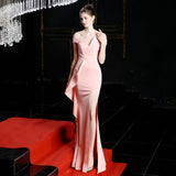 Off Shoulder Slit Satin Long Evening Dress Elegant Women Party Dress