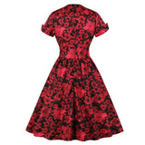 Button Front High Waist Wrap Red Flower Floral Elegant Midi Pleated Women Retro Vintage Dress