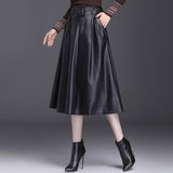 Faux Leather High Waist Women Streetwear Loose Large Swing Skirt Long Women Midi A-Line Skirt