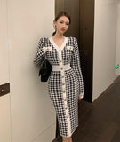 New Women Spring Autumn Dresses Elegant Lady Vintage Knitting Fashionable Buttons Checkered Long Dresses