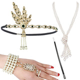 4pcs/set 1920s Flapper Accessories Set Rhinestone Headpiece Pearl Knot Necklace Bracelet with Cigarette Holder