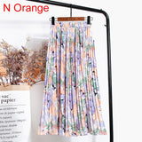 High Waist Floral Print Mid Calf Long Pleated Women Summer Vintage Elegant Chiffon Midi Skirt