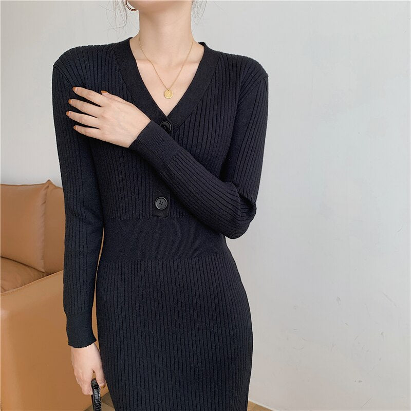V Neck Long Sleeve Bodycon Ribbed Knitted Dress Autumn Winter Button Elegant Casual Midi Dress