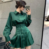 Women Autumn Shirt Elegant Lady High Waist Vintage Pleated Mini Dresses