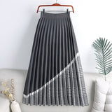 Elastic High Waist Casual Pleated Skirt A Line Houndstooth Patchwork Winter Knitted Skirt