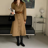 Lapel Collar Long Sleeve Button Up Shirt Dress With Belt Contrast Color Vintage Elegant Midi Dress