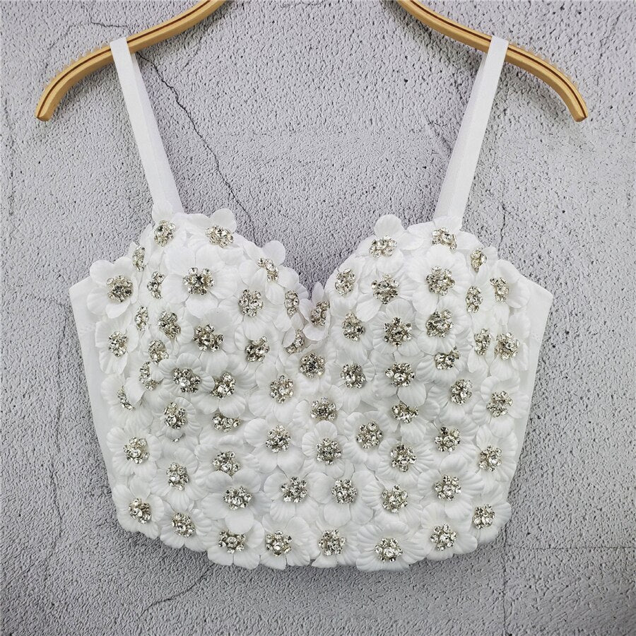 New Summer Sweet Floral Handmade Beading Party Sexy Women Top With Cups Crop Top To Wear Out Push Up Bralette Bra Corset