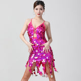 Shiny Women Latin Dance Dress Costumes Asymmetric Motel Sequin Fringe Coins Keyhole Lace-Up Back Bandage Mini Short Dress