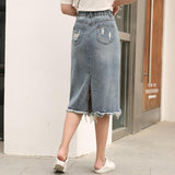 Women Denim Irregular Ripped Hole Midi Long Jeans Maxi Skirt