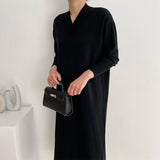 V Neck Long Sleeve Solid Cozy Casual Knitted Dress Autumn Winter Midi Dress Elegant Loose Dress
