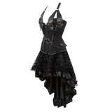 Women Gothic Steampunk Corset Dress Pirate Costume PU Leather Corset Bustier Lingerie Top With Asymmetric Floral Lace Skirt Set