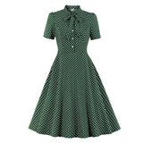 2021 Bow Tie Neck Button Front Polka Dot Pinup 50s Vintage Shirt Dresses Women A-Line Summer Female Elegant Green Dress