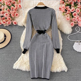 Fall Winter Elegant Office Single Breasted Cardigan Sweater Dress Houndstooth Knitted Bodycon Midi Dress