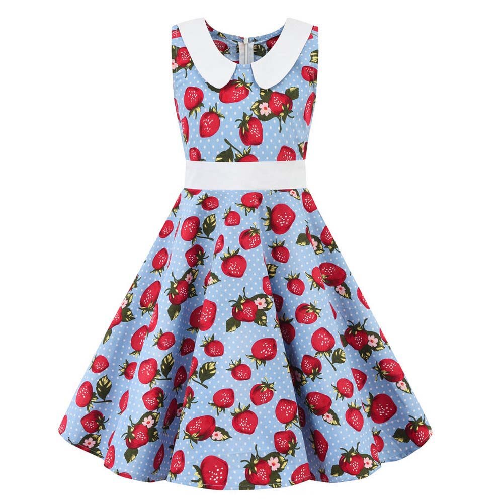 2021 50s Tunic Midi Vintage Dress for Children Kids Pink Blue Swing Cotton Retro Cherry Floral Print Summer Dress for Girl Cute