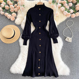 Autumn Winter Mock Neck Ribbed Sweater Dress Women Long Lantern Sleeve Front Button Elegant Knitted Bodycon Midi Dress