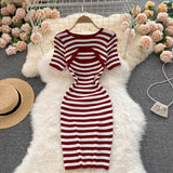 Round Neck Short Sleeve Striped Knitted Mini Dress Summer Cut Out Sexy Night Club Bodycon Dress