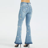 Daisy Flower Embroidered Blue Denim Jeans Mid Waist Zipper Fly Skinny Vintage Flare Pants Women Streetwear Jeans