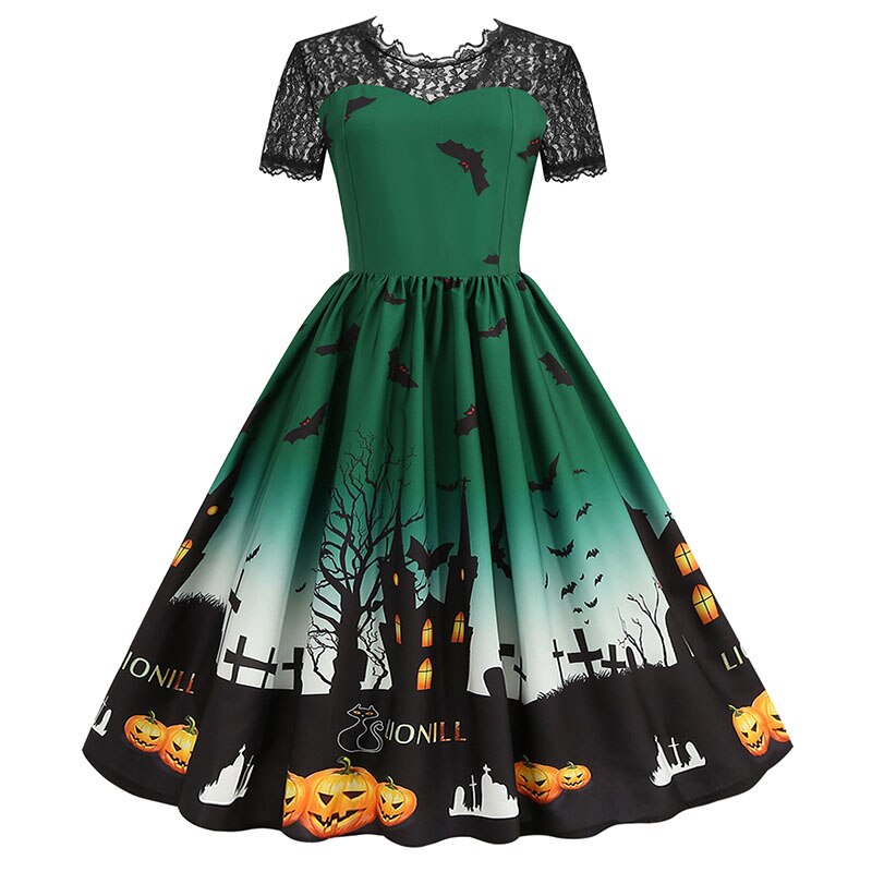 New Year Women Halloween Dress Costumes Plus Size Short Sleeve Elegant Vintage High Waist Pumpkin Print Lace Midi Party Sundress