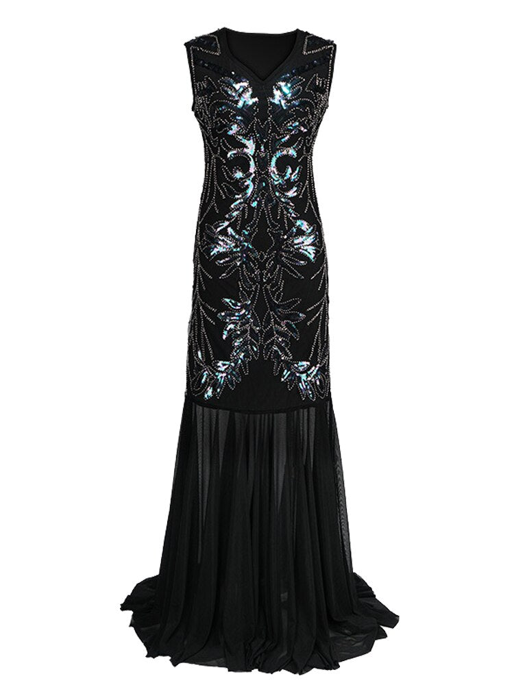 1920s New V-neck Long Evening Dress Embroidered Sleeveless Prom Dress Pleated Chiffon Robe De Soriee Elegant Party Dress
