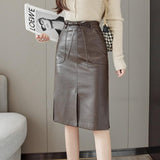 High Waist Pencil Skirts Women Korean Style All-match Vintage PU Leather Ladies Knee-length Skirt