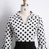 2021 White and Black Two Tone Polka Dot Elegant Vintage Midi Dress for Women Three Quarter Sleeve Winter Office Ladies Clothes