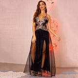 New Sexy Backless Sequin Tulle Evening Party Spaghetti Strap Black Maxi V Neck Elegant Long Dress