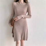 Winter Elegant Casual Ribbed Knitted Dress Crew Neck Long Sleeve Solid A Line Mini Dress