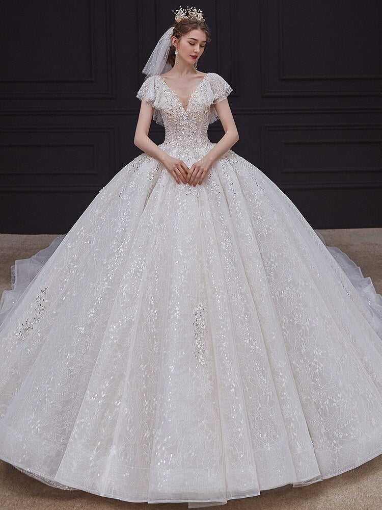 Plus Size Wedding New Bride Heavy Industry Luxury Trailing of Super Fairy Dream V-Neck White vestidos Dress