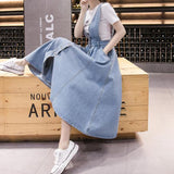 Denim Women Strap Long High Waisted Vintage Loose Pleated Blue Club Streetwear Cotton Harajuku Jean Skirt