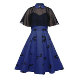 Chiffon Cape Bat Print Elegant Summer Midi High Waist Vintage Style Women Halloween Party Swing Dress