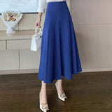 Women Solid High Waist A Line Casual Side Pocket Korea Style Vintage Long Skirts