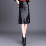 PU Leather Women Office Pencil Elegant Autumn High Waist Black Korean Style Knee Length Leather Skirt