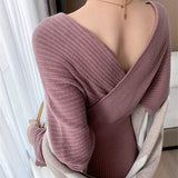 2021 Women's Autumn Winter New Retro Temperament V-neck Sexy Backless Slim Knitted Dress