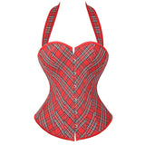 Sexy Women Red Plaid Overbust Straps Corset Waist Cincher Outwear Halter Bustier with G-string Plus Size S-6XL