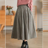 Japanese Style Elastic High Waist Long Women Vintage Plaid A-Line Pleated Skirts