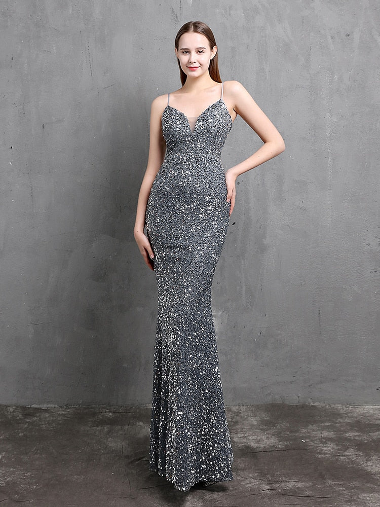 Spaghetti Strap Sleeveless Party Dress Shinning Color Sequins Prom Dress Mermaid Slim Floor Length