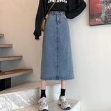 Women Casual Jean Skirts Korean Style Streetwear All-match Vintage Denim Ladies High Waist Long Skirt