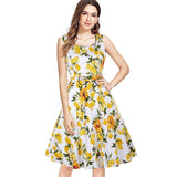 Lemon Yellow Women Retro 50S Swing Dress With Bow Cotton Summer 60s Pin Up A Line Rockabilly Tunic Midi Sundress For Party