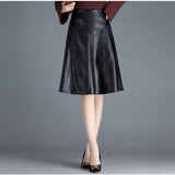 Women Faux Leather High Waist A-Line Pleated Casual Summer Elegant Long Black Skirts