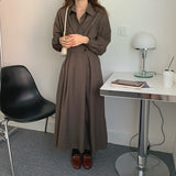 Turn-Down Collar Office Wrap Shirt Dress Autumn Long Sleeve Button Up Vintage Elegant Midi Dress